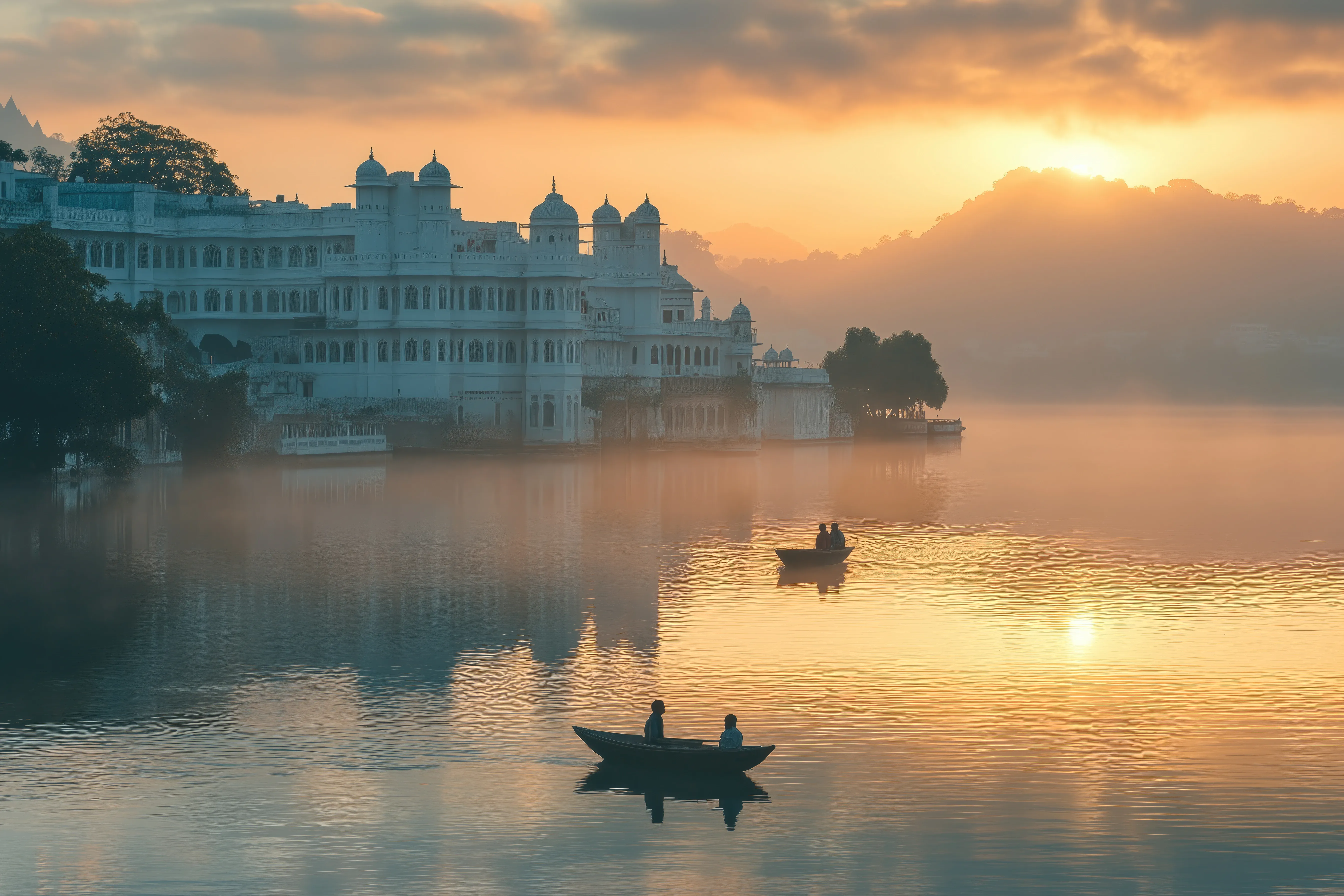 Palace beside a tranquil lake at sunset with boats on the water